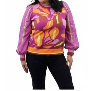 NEW FATE contrast lace sleeve jacquard sweater in orchid multi